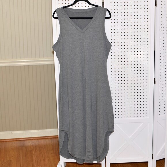 Plus Size XXL Heather Gray V-Neck Sleeveless Round Curved Hem Lounge Dress - Picture 4 of 9